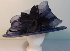 Vtg Navy Blue Wool Wide Brim Dress Hat Tulle Sequin Wedding Kentucky Derby