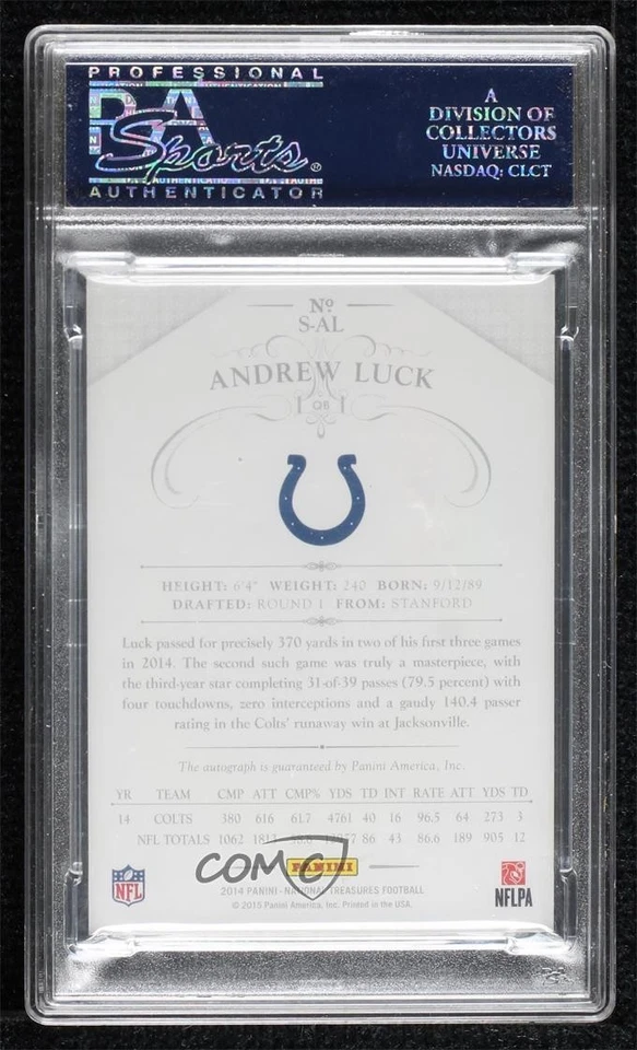2014 National Treasures Signatures Black /3 Andrew Luck #S-AL PSA 10 GEM MT Auto - Image 2 of 2