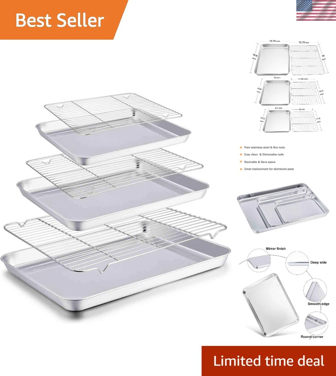 Stainless Steel Baking Sheet Set 20'' 16'' 12.5'' with Cooling Racks - 6 Pieces
Opens in a new windo