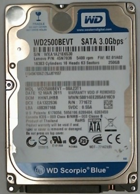 250 GB SATA Western Digital Scorpio Blue WD2500BEVT-08A23T1 2,5'' Festplatte