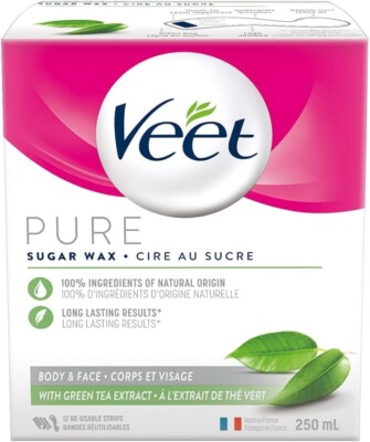 Veet PURE, Sugar Wax Kit, Body & Face, Green Tea, Designed to Use at Home, 250mL