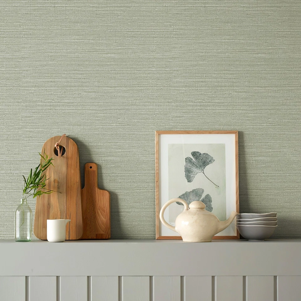 Grasscloth Peel and Stick Wallpaper Neutral Green Textured Grassweave Wallpaper - Image 2 of 4