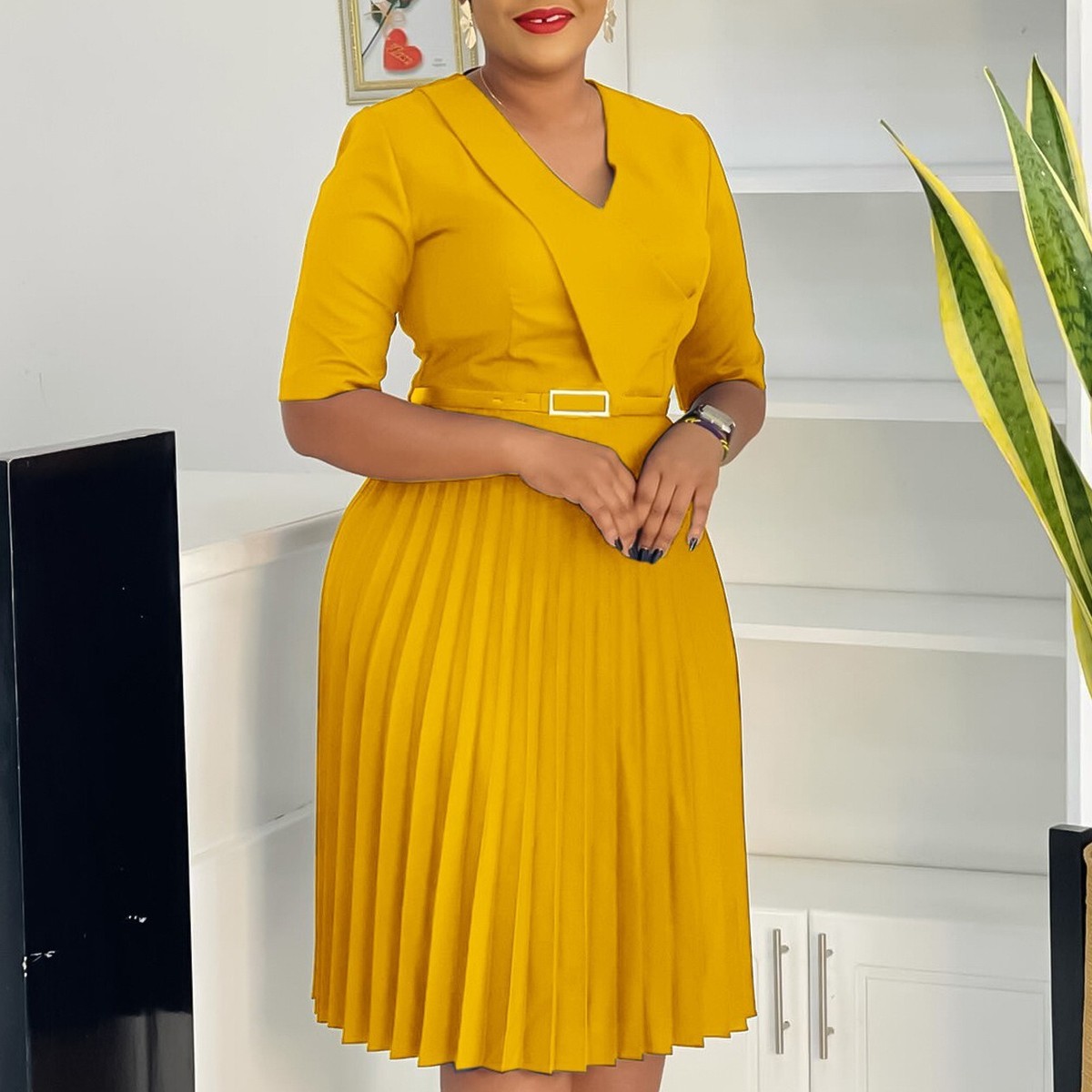 Women's Elegant Fitted Work Sheath Dress Classic Ruffled Midi A-Line Dresses