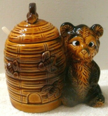 Armbee San Francisco Bear & Beehive Honey Jar w/ Spoon Bee Handle Japan Vintage