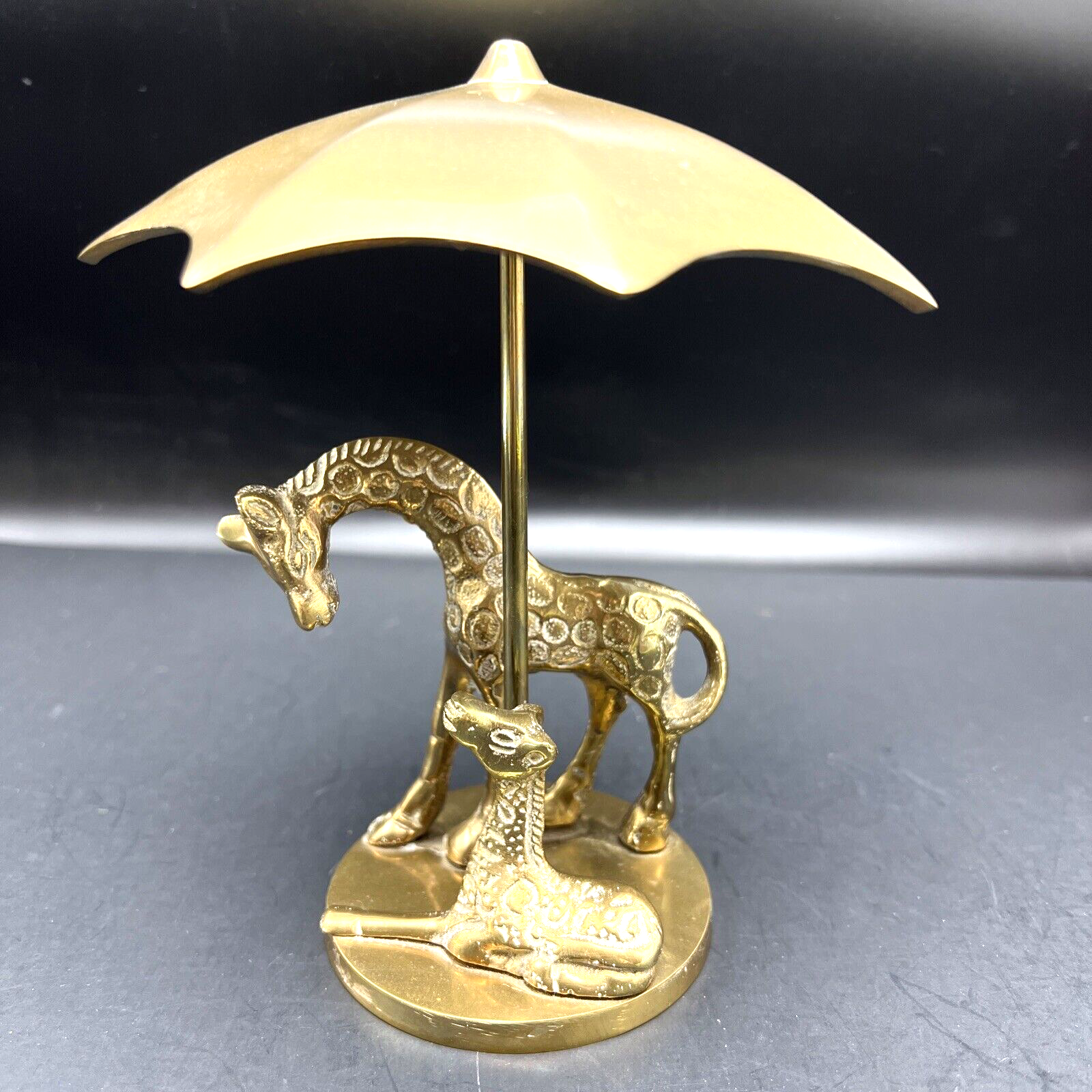 Vintage 6 Inch Brass Giraffe and Baby Under Umbrella Metal Figurine Statue