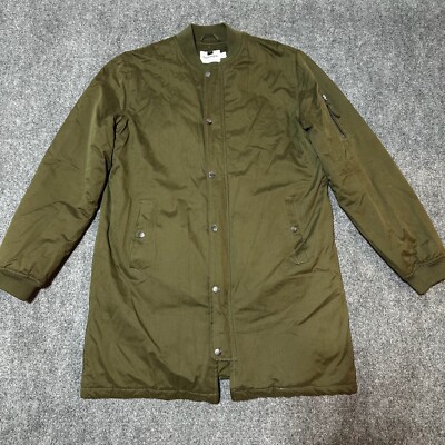 Topman Trench Coat Men Large OD Green Full Zip Lined Pockets Aviator Jacket