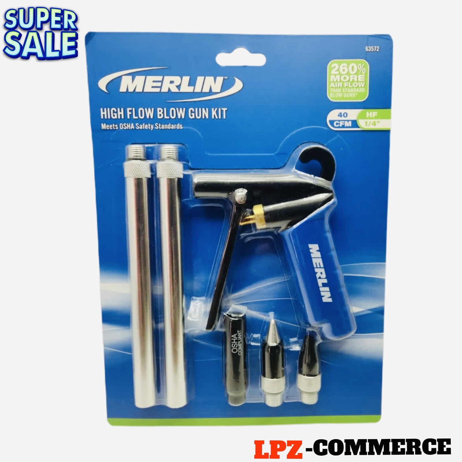 Pistol Grip High Flow Blow Gun Kit With 3 Nozzle Air Compressor Tool Accessories