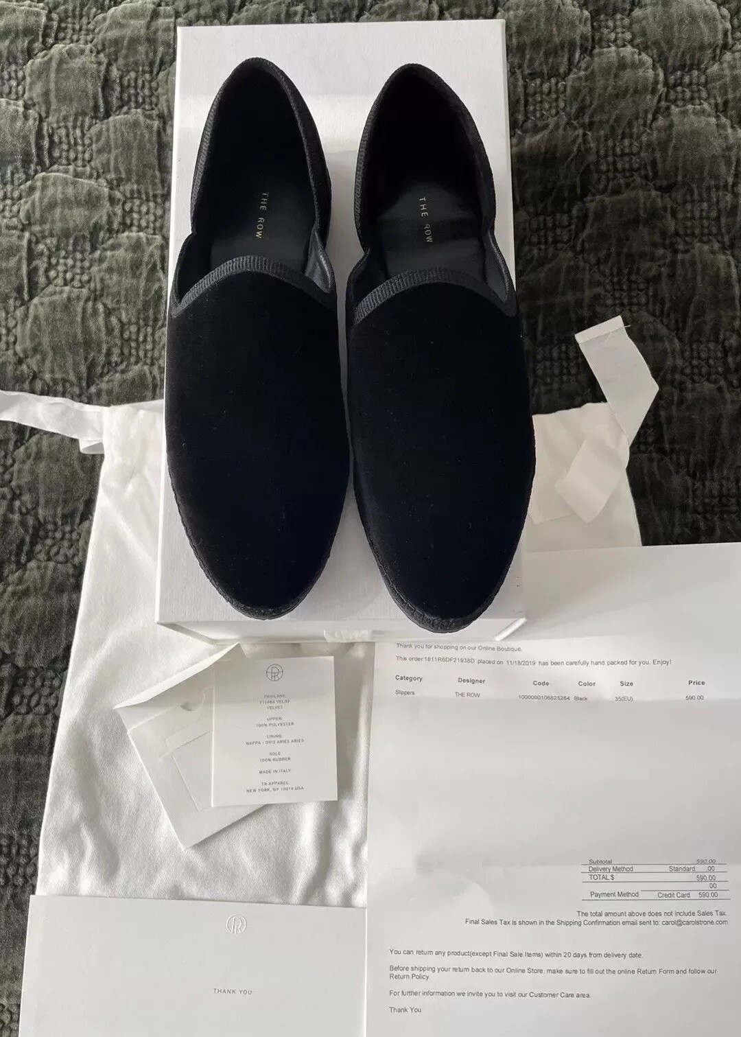 FILA $590 NUOVO THE ROW FLAT PANTOFOLE ESPADRILLAS MOCASSINO FRIULANE VELLUTO NERO 35 5 5 6