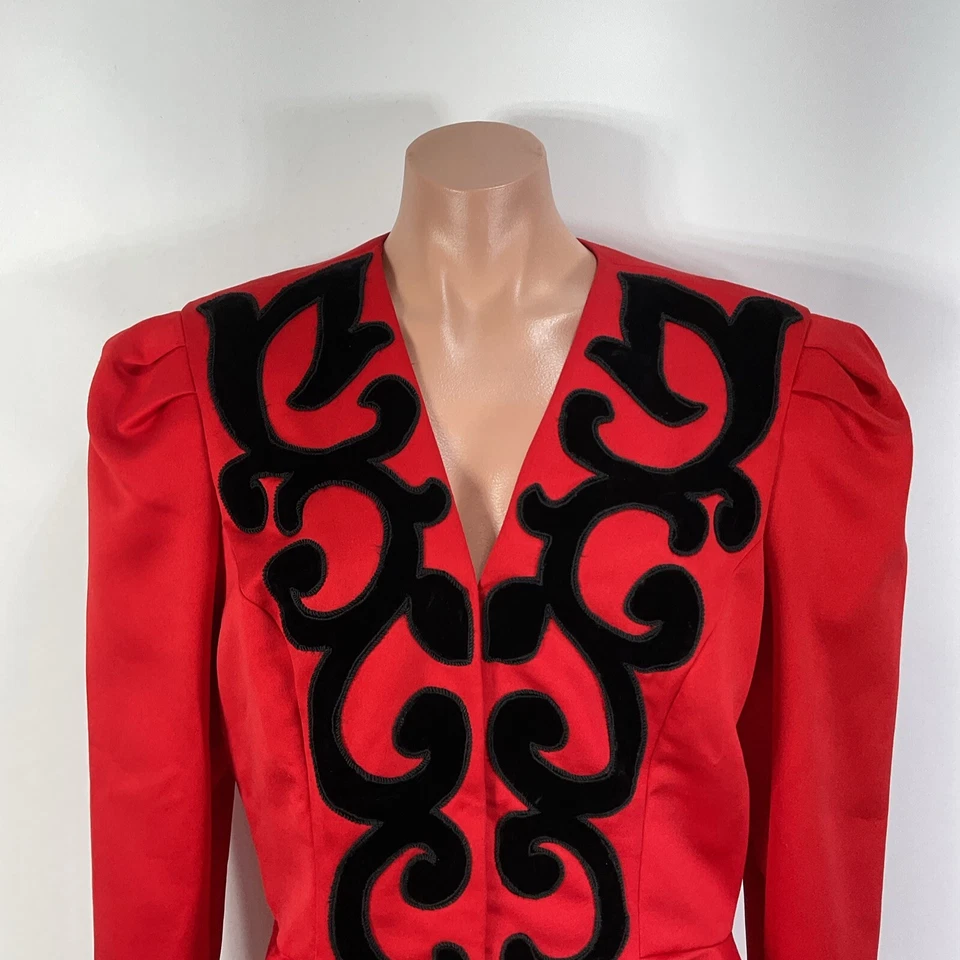 Chaqueta de Noche Vintage Años 80 Neiman Marcus FARINAE Roja Estructurada Peplum Talla 14 Foto 3 de 4