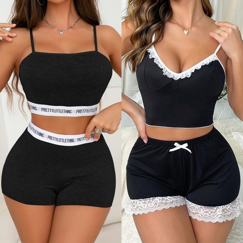 Womens Pajama Set Lace Trim Short PJ Set Lingerie Sleeveless Sleepwear Nightwear - Bild 1 von 40