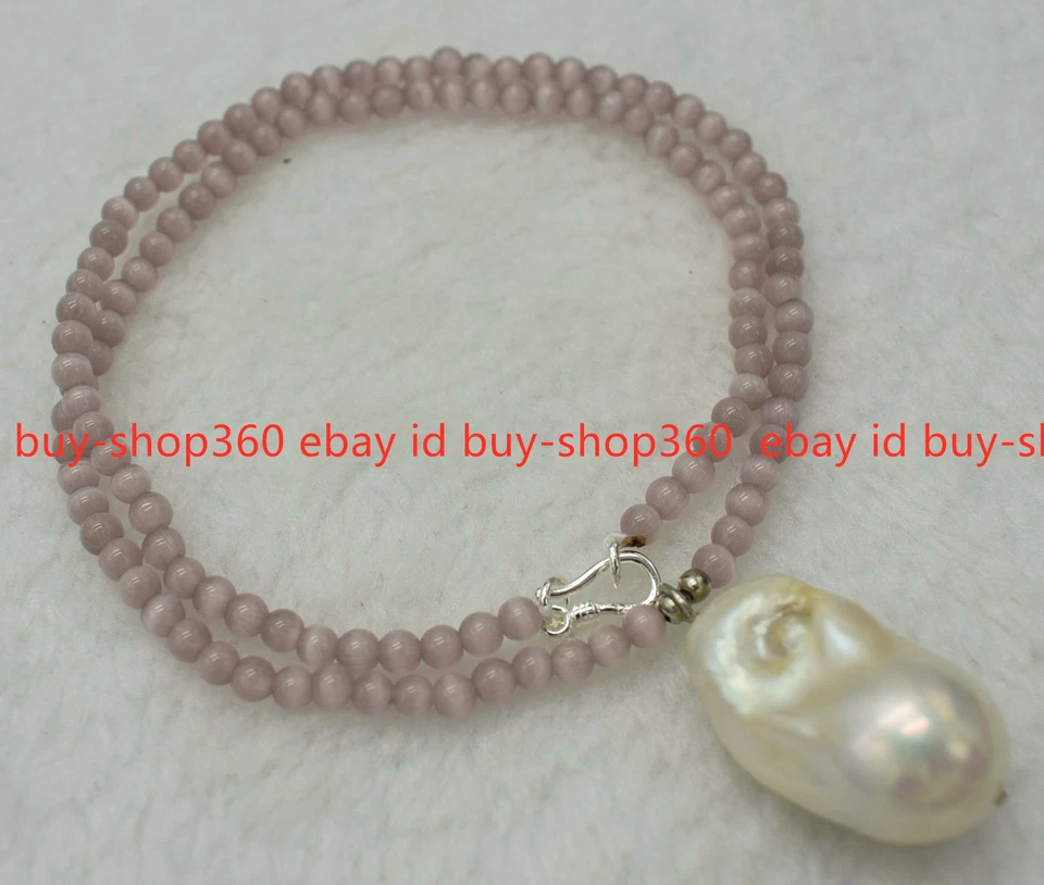 Nuevo Collar Colgante Perla Barroca Blanca Gemas Ojo de Gato Ópalo Gris Claro 4mm 20" Foto 3 de 4