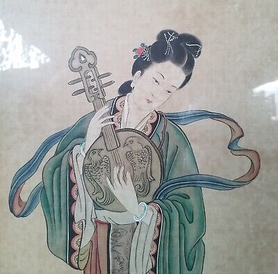 Pair Framed Antique/Vintage Chinese Wall Art Works - Beauties Playing Music