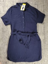 Weatherproof Vintage Ladies Gauze Dress Navy Blue NWT Button Up Pockets Belted