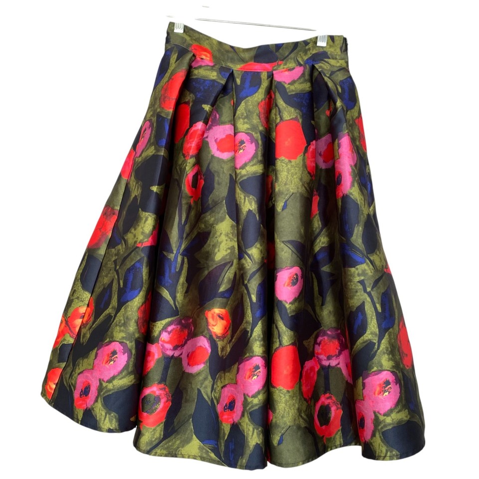 ZZLady Womens 8 Satin Floral A-Line Structured Midi Skirt Spring Races Artsy 50s