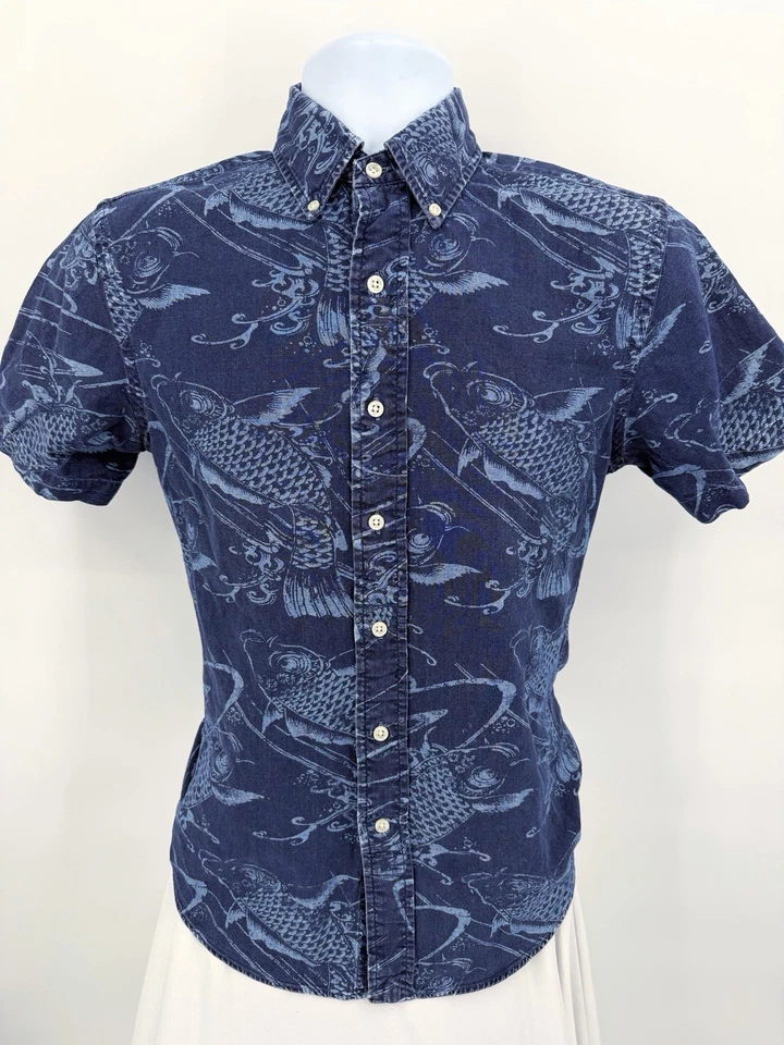 Ralph Lauren 男式小号钓鱼图案纽扣修身衬衫蓝色棉 — 第 2/4 张图片