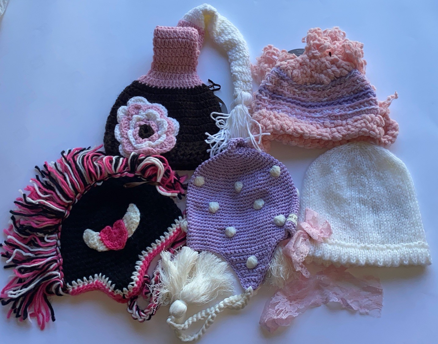 Lot Of 5 Baby Girl  Hat 6-12 Months, Pink, White, Brown ,Pur