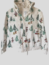 Disney Christmas Sweatshirt Hoodie Sz M Mickey Minnie Mouse White 4 Pockets 
