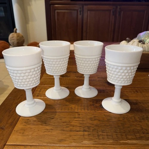 4 Vintage White Milk Glass Hobnail Stemware Pedestal Goblet 6.25 Inch Unmarked
