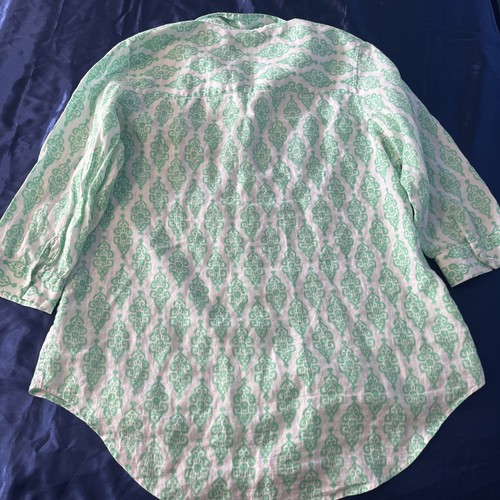 Camisa Top Chico's No Iron Lino Verde Blanco Estampado Abotonada Talla 1 - Imagen 5 de 15