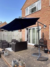 Blue Crank & Tilt Umbrella Stand, 2 weights ( has paint marks) - Collect Bedford