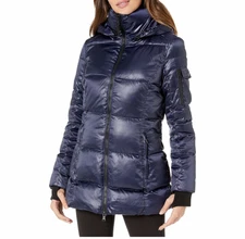 S13 New York Satin Gramercy Womens Down Hooded Puffer Jacket Midnight Blue Large