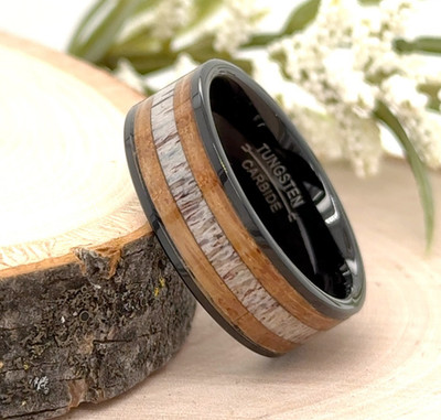 Striped Natural Wood Inlay Stylish Wedding Band 8mm Unisex Black Tungsten Ring