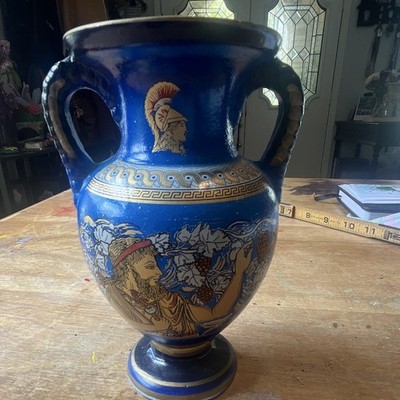 Vintage Sassalos Greek Amphora Ceramic Vase 6'' Blue Gold Grecian Hand Painted