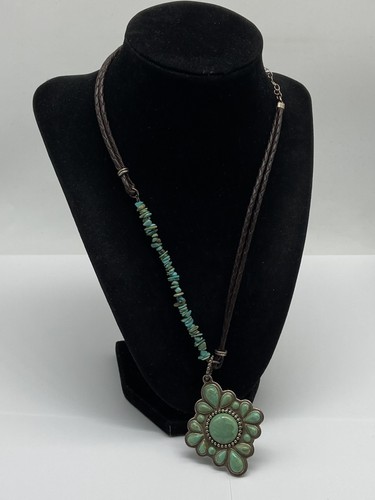 Barse Sterling Silver Turquoise Pendant 20" Braided Leather Necklace 28.1g