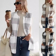 UK Ladies Body Warmer Gilet Pockets Jackets Coat Fleece Fur Waistcoat Size 6-18