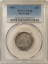 1835 CAPPED BUST QUARTER, BROWNING 7 - PCGS XF-40, PRETTY & WHOLESOME!