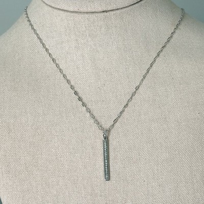 925 Italy Sterling Silver Genuine Diamond Pave Thin Bar Pendant Necklace 18''