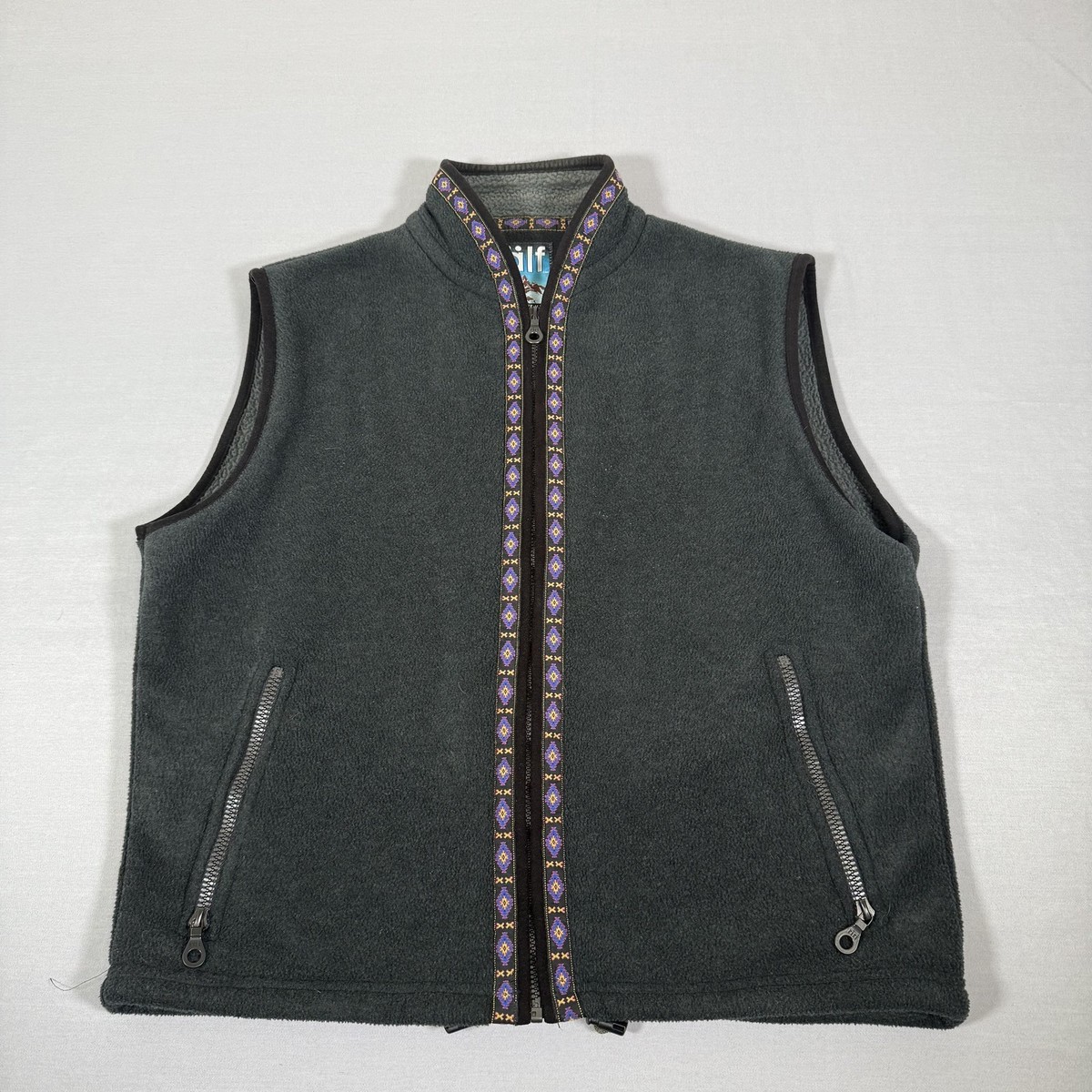 90’s IGGI real faded zip up vest Vintage Alf Vest Mens Large Gray Fleece Riri Zip Up Aztec Outdoor