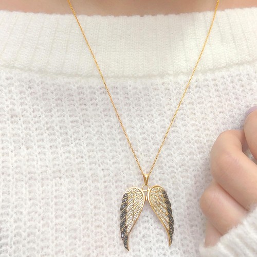 1/2 Carat Round Cut White & Enhanced Black Natural Diamond Angel Wings Pendan... - Picture 6 of 6
