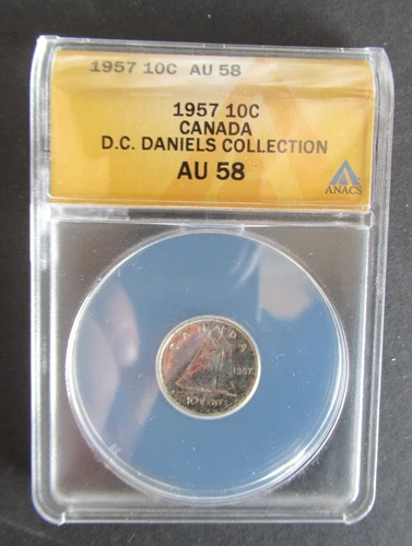 1957 SILVER 10 CENTS ANACS GRADED AU58 CANADIAN DIME