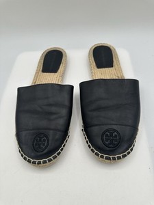 Tory Burch Espadrille Black Leather Cap Toe Mule Slide Women Sz 9.5