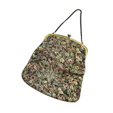 Vintage Tapestry Clutch Purse Handbag Lined Floral Gold Hardware Chain