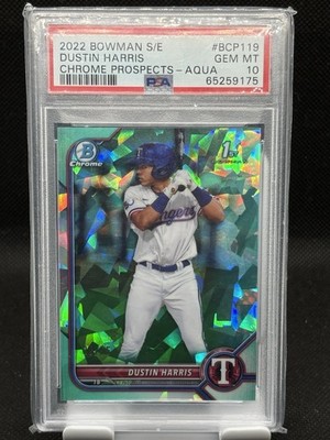 2022 BOWMAN SAPPHIRE ED CHROME PROSPECTS AQUA #BCP119 DUSTIN HARRIS 30/55 PSA 10