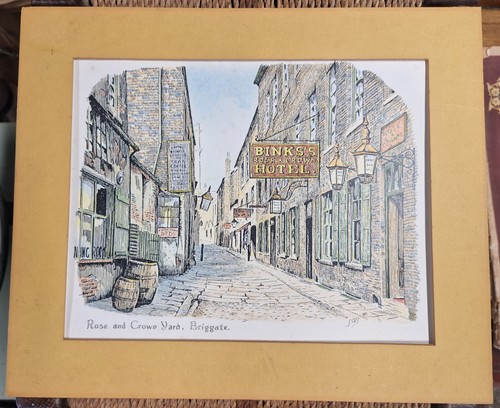Vintage Hand Coloured Print Rose and Crown Yard, Briggate, Leeds, Mounted