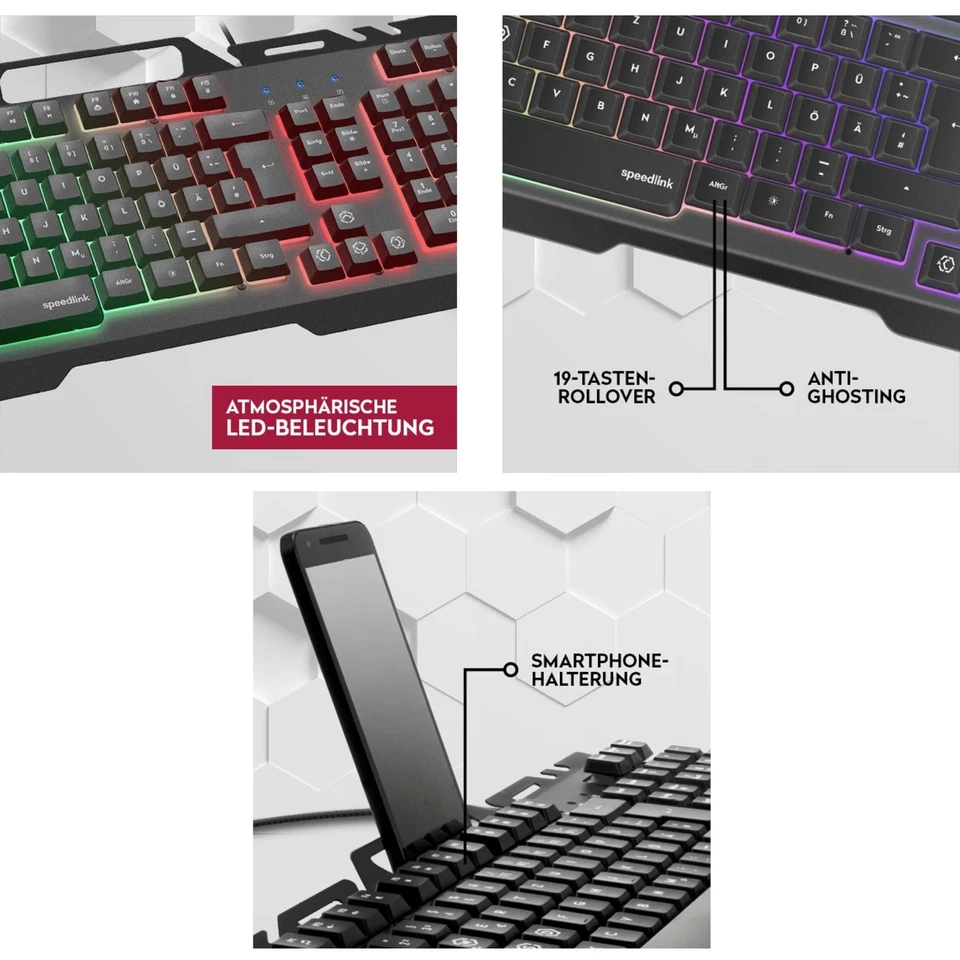 Speedlink USB Gaming Tastatur RGB LED Beleuchtet Smartphone-Halterung Halter - Bild 4 von 4