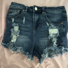 Almost Famous Juniors 3 Blue High Rise Cut Off Denim Shorts 5-Pocket Fringe