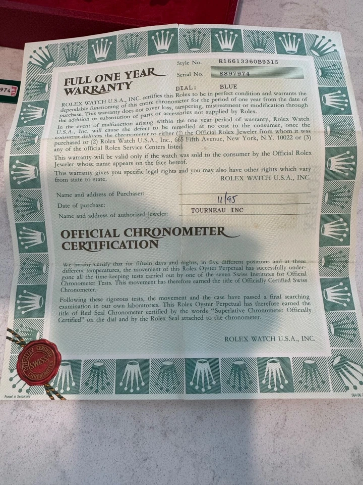 Rolex Submariner 16613 Коробка, Гарантийный Сертификат, Буклет, Hangtag dtd 1995 -OBO - Изображение 3 из 4