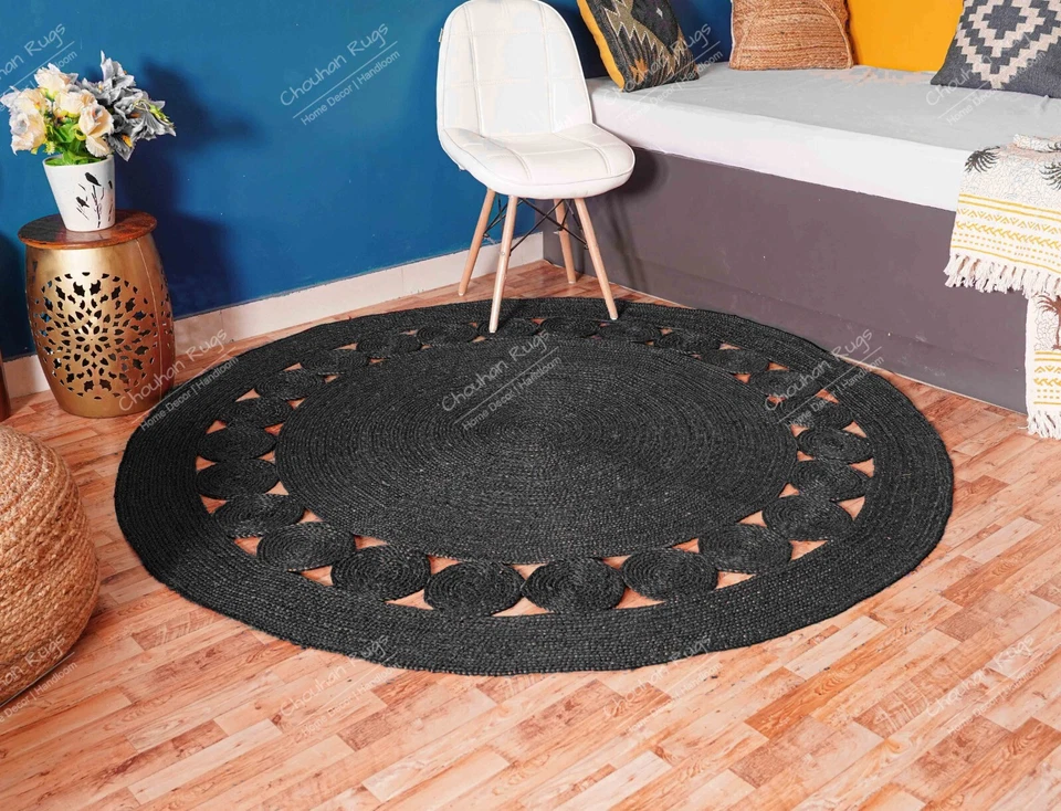 Alfombra de yute redonda de diseño festoneado negra, alfombra de yute vintage para decoración de sala de estar Foto 2 de 4