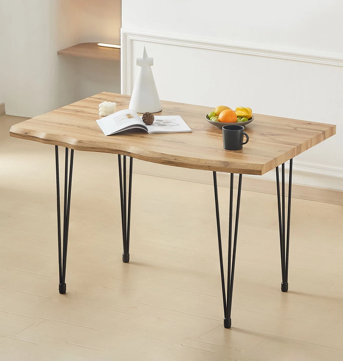 Dining Table in Oak Colour with Live Edge Effect and Black Metal