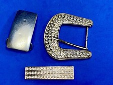 Vintage Western Silver Color Rhinestone Covered Three Piece Belt Buckle Set