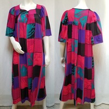 Vintage Pink Purple Turquoise Black Knit Nightgown Lounge Dress - Size M