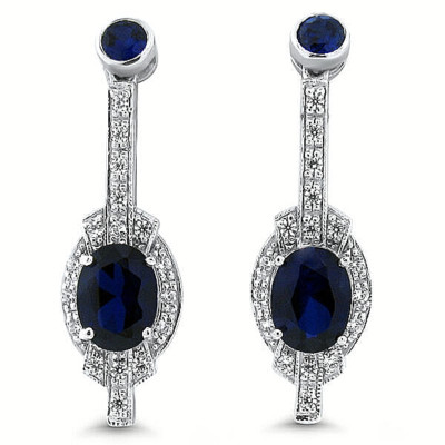 ANTIQUE STYLE 925 STERLING SILVER LAB-CREATED SAPPHIRE & CZ ACCENT EARRINGS #608