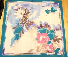 ROSES TEAL PURPLE BROWN IVORY POLYESTER CHIFFON ITALIAN SCARF SPRING FLORAL
