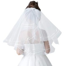 New White Flower Girls Lace Silver Lined Edge Short Bridal Wedding Veil