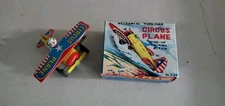 VINTAGE TIN YONE TOYS CIRCUS PLANE CP-007 JAPAN WIND UP WITH BOX. MISSING FLIP.