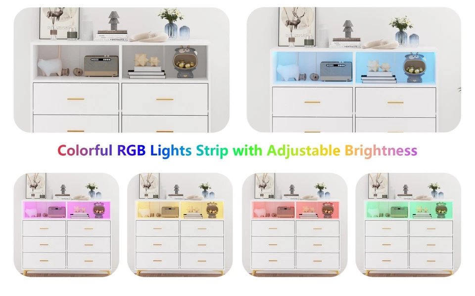 Cambiador de bebé de 6 cajones con luces LED y tapa de madera - Almacén infantil blanco Foto 4 de 4